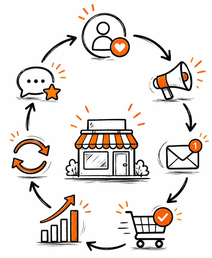 Illustration du parcours de conversion client : communication digitale, acquisition de prospects, email marketing, achat et fidélisation. Soluweb met en place des stratégies digitales performantes pour transformer le trafic en chiffre d’affaires durable.