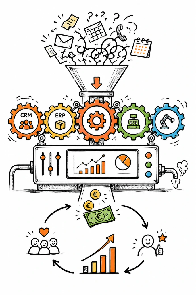 Illustration de l’automatisation des processus commerciaux grâce aux outils CRM, ERP et marketing automation. Soluweb accompagne les PME et commerces dans la digitalisation de leurs opérations afin d’améliorer la productivité, la satisfaction client et la rentabilité.